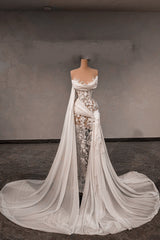 Dressystars White Wedding Dress Lace Column Strapless Sleeveless Beaded Panel Train Chiffon Bridal Gown With Pearls