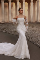 Dressystars White Wedding Dress Lace Mermaid Strapless Sequined Sleeveless Panel Train Bridal Gown With Appliques