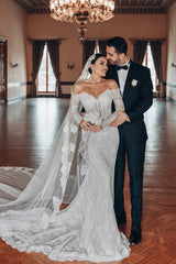 Dressystars White Wedding Dress Lace Mermaid Sweetheart Off The Shoulder Beaded Sleeves Sweep Train Bridal Gown