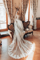 Dressystars White Wedding Dress Lace Mermaid Sweetheart Off The Shoulder Beaded Sleeves Sweep Train Bridal Gown