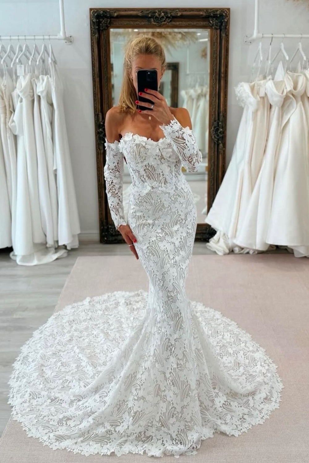 Dressystars White Wedding Dress Lace Mermaid Sweetheart Off The Shoulder Sleeves Cathedral Train Bridal Gown