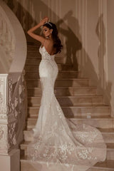 Dressystars White Wedding Dress Lace Mermaid Sweetheart Spaghetti Strap Bridal Gown