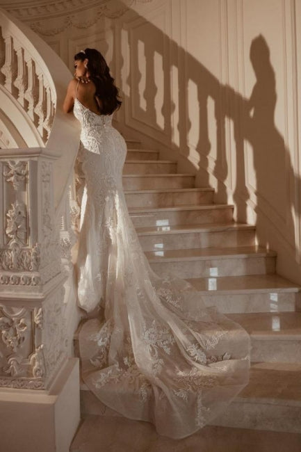 Dressystars White Wedding Dress Lace Mermaid Sweetheart Spaghetti Strap Bridal Gown