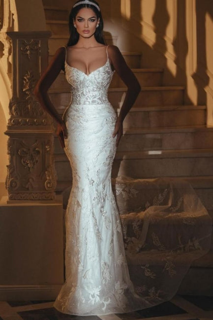 Dressystars White Wedding Dress Lace Mermaid Sweetheart Spaghetti Strap Bridal Gown