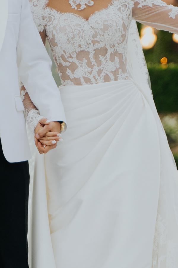 Dressystars White Wedding Dress Mermaid High Neck Lace Satin Ruffle Detachable Panel Train Bridal Gown With Appliques