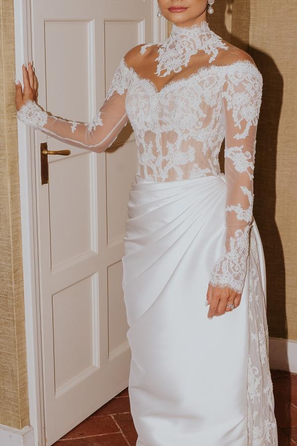 Dressystars White Wedding Dress Mermaid High Neck Lace Satin Ruffle Detachable Panel Train Bridal Gown With Appliques