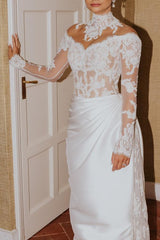 Dressystars White Wedding Dress Mermaid High Neck Lace Satin Ruffle Detachable Panel Train Bridal Gown With Appliques