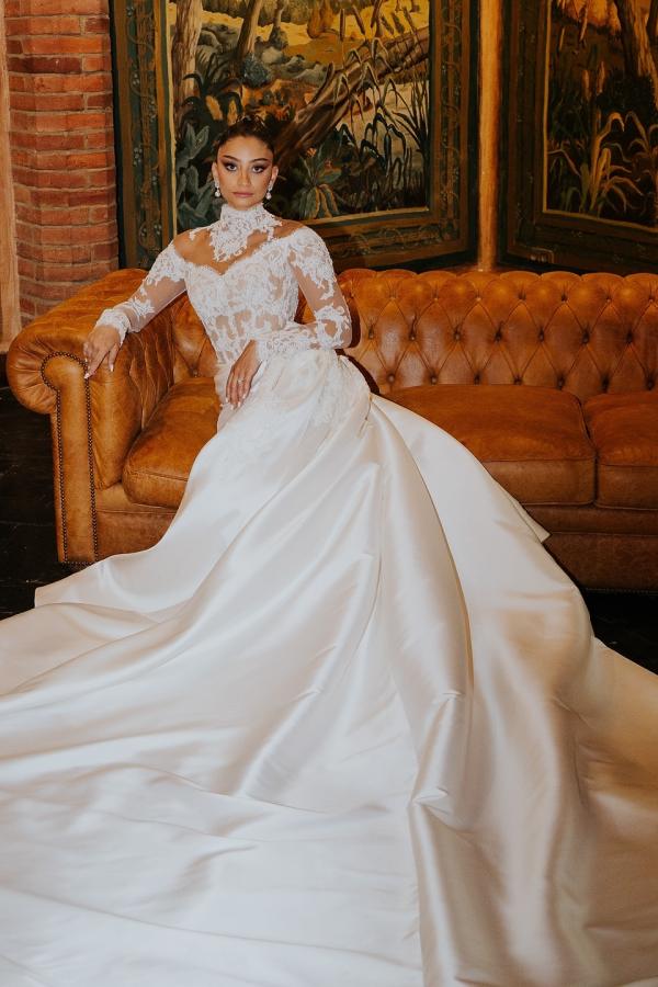 Dressystars White Wedding Dress Mermaid High Neck Lace Satin Ruffle Detachable Panel Train Bridal Gown With Appliques