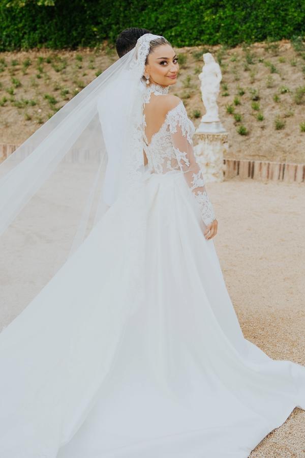 Dressystars White Wedding Dress Mermaid High Neck Lace Satin Ruffle Detachable Panel Train Bridal Gown With Appliques
