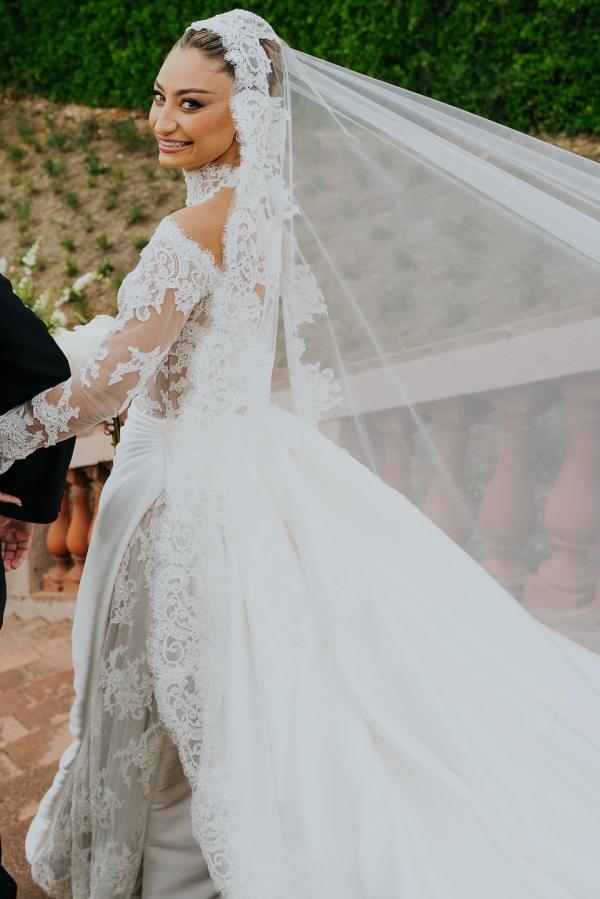 Dressystars White Wedding Dress Mermaid High Neck Lace Satin Ruffle Detachable Panel Train Bridal Gown With Appliques