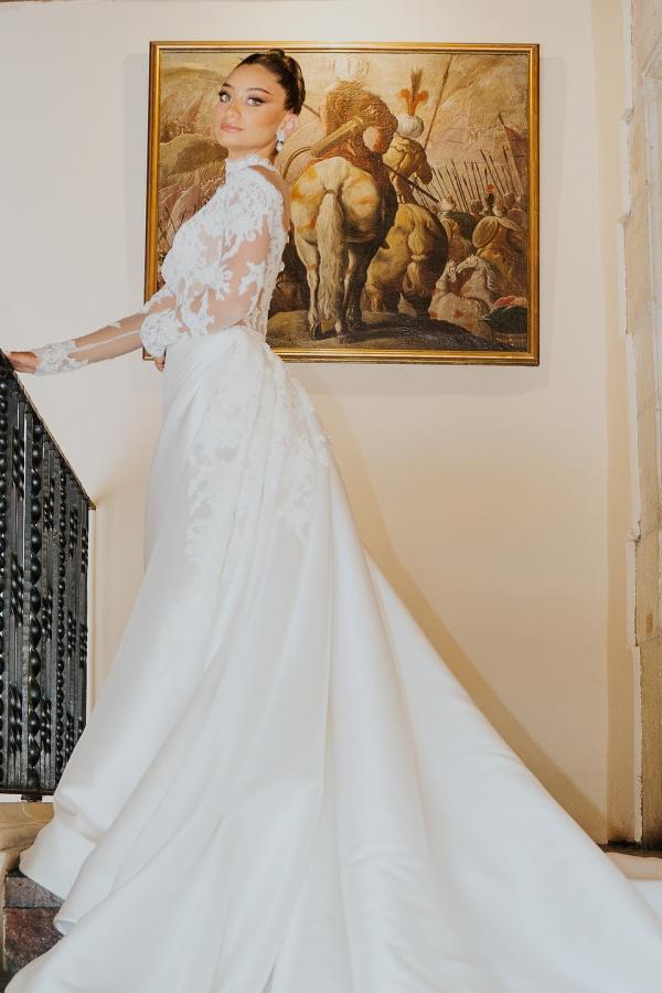 Dressystars White Wedding Dress Mermaid High Neck Lace Satin Ruffle Detachable Panel Train Bridal Gown With Appliques