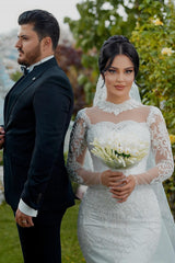 Dressystars White Wedding Dress Mermaid High Neck Lace Sleeves Sequined Tulle Bridal Gown With Appliques