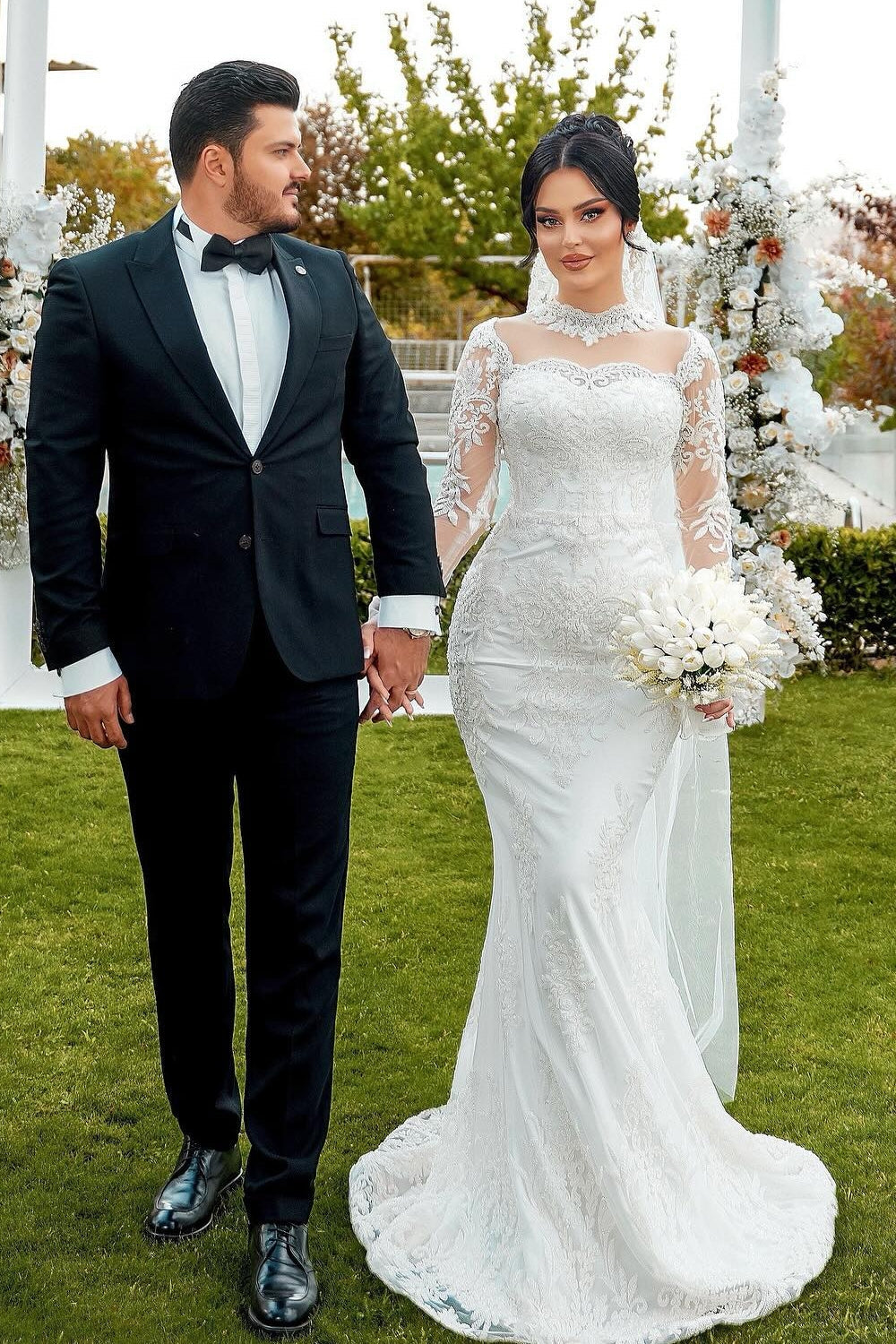 Dressystars White Wedding Dress Mermaid High Neck Lace Sleeves Sequined Tulle Bridal Gown With Appliques