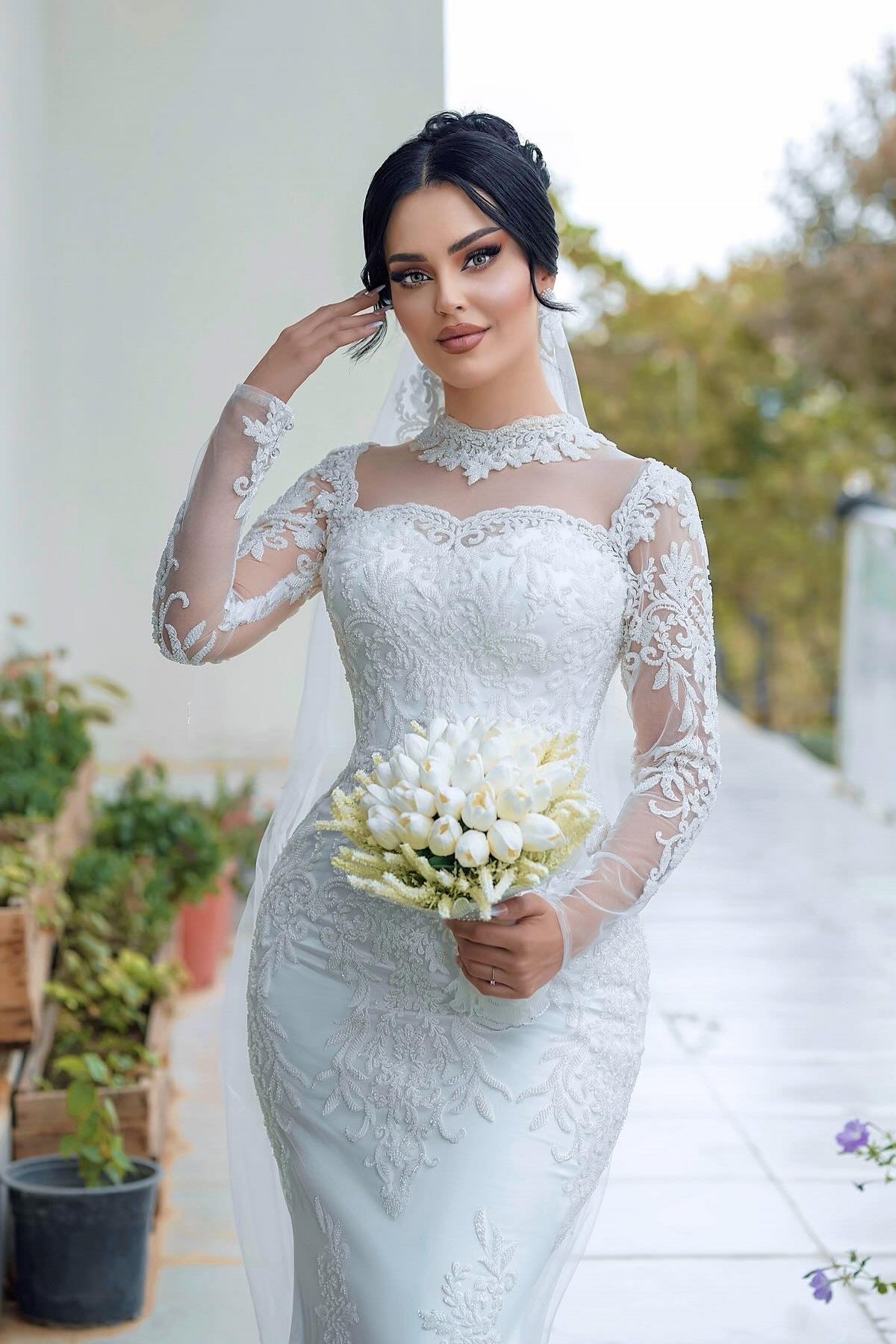 Dressystars White Wedding Dress Mermaid High Neck Lace Sleeves Sequined Tulle Bridal Gown With Appliques