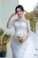 Dressystars White Wedding Dress Mermaid High Neck Lace Sleeves Sequined Tulle Bridal Gown With Appliques