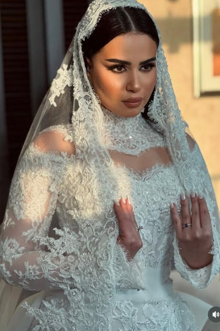 Dressystars White Wedding Dress Mermaid High Neck Sequined Sleeve Panel Train Lace Bridal Gown With Appliques