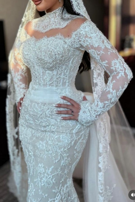 Dressystars White Wedding Dress Mermaid High Neck Sequined Sleeve Panel Train Lace Bridal Gown With Appliques