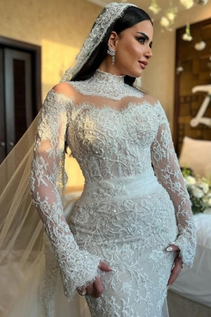 Dressystars White Wedding Dress Mermaid High Neck Sequined Sleeve Panel Train Lace Bridal Gown With Appliques