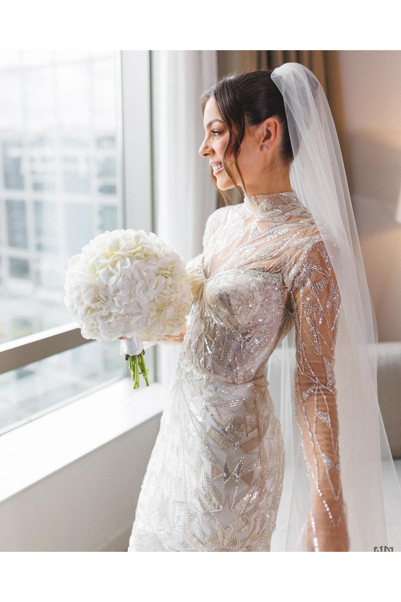 Dressystars White Wedding Dress Mermaid High Neck Sleeves Beaded Sweep Train Tulle Bridal Gown With Sequins