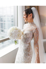 Dressystars White Wedding Dress Mermaid High Neck Sleeves Beaded Sweep Train Tulle Bridal Gown With Sequins