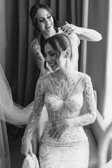 Dressystars White Wedding Dress Mermaid High Neck Sleeves Beaded Sweep Train Tulle Bridal Gown With Sequins