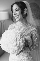 Dressystars White Wedding Dress Mermaid High Neck Sleeves Beaded Sweep Train Tulle Bridal Gown With Sequins