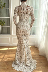 Dressystars White Wedding Dress Mermaid High Neck Sleeves Floor Length Lace Bridal Gown With Pearls