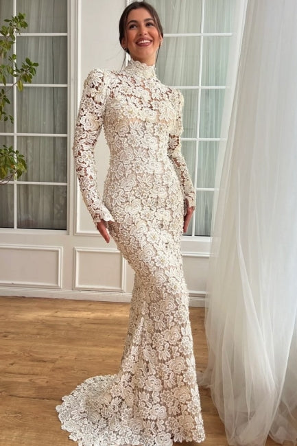 Dressystars White Wedding Dress Mermaid High Neck Sleeves Floor Length Lace Bridal Gown With Pearls