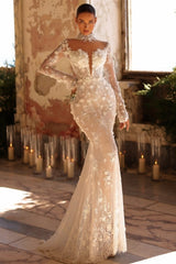Dressystars White Wedding Dress Mermaid High Neck Sleeves Lace Tulle Bridal Gown With Handmake Flowers