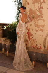 Dressystars White Wedding Dress Mermaid High Neck Sleeves Lace Tulle Bridal Gown With Handmake Flowers