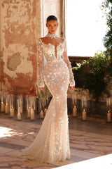 Dressystars White Wedding Dress Mermaid High Neck Sleeves Lace Tulle Bridal Gown With Handmake Flowers