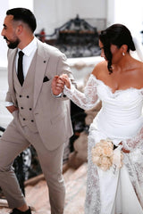 Dressystars White Wedding Dress Mermaid Lace Off The Shoulder Beaded Chapel Train Bridal Gown With Appliques