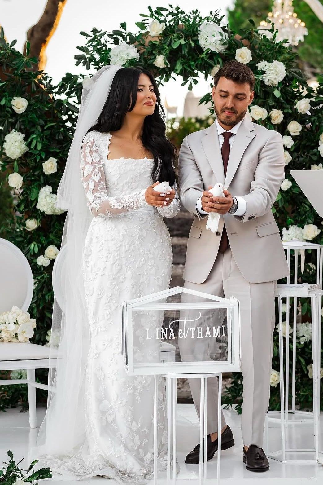 Dressystars White Wedding Dress Mermaid Lace Square Sleeves Beaded Bridal Gown With Pearls
