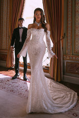 Dressystars White Wedding Dress Mermaid Off The Shoulder Beaded Lace Bridal Gown With Sleeves