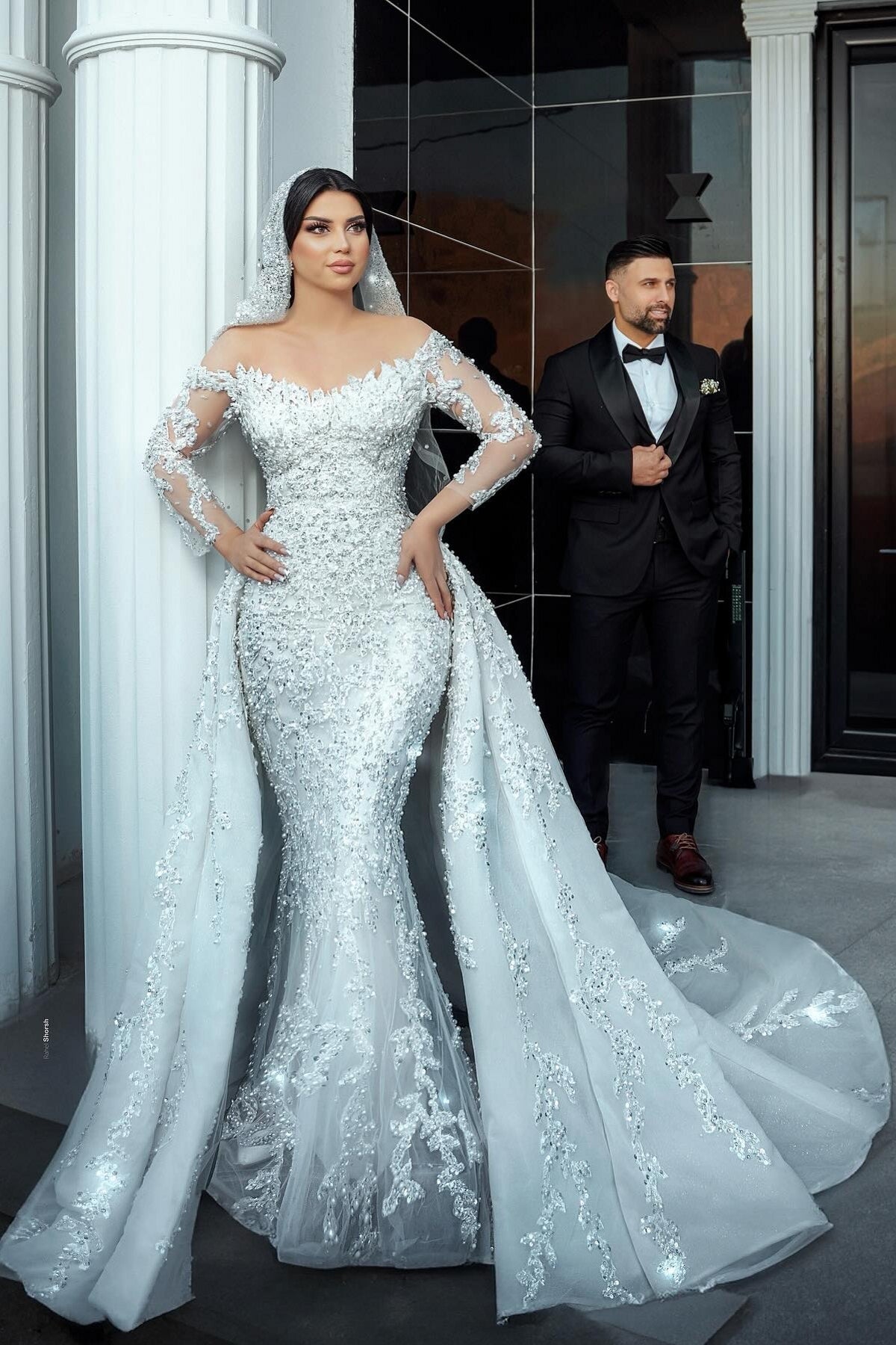 Dressystars White Wedding Dress Mermaid Off The Shoulder Beaded Sequined Detachable Panel Train Tulle Bridal Gown