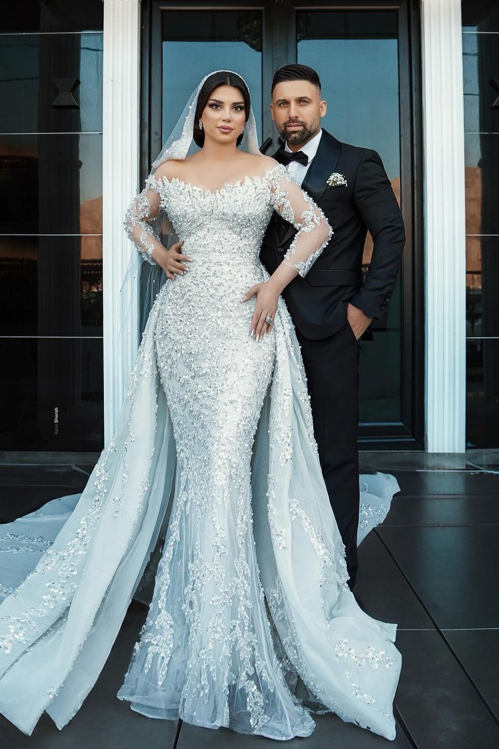Dressystars White Wedding Dress Mermaid Off The Shoulder Beaded Sequined Detachable Panel Train Tulle Bridal Gown