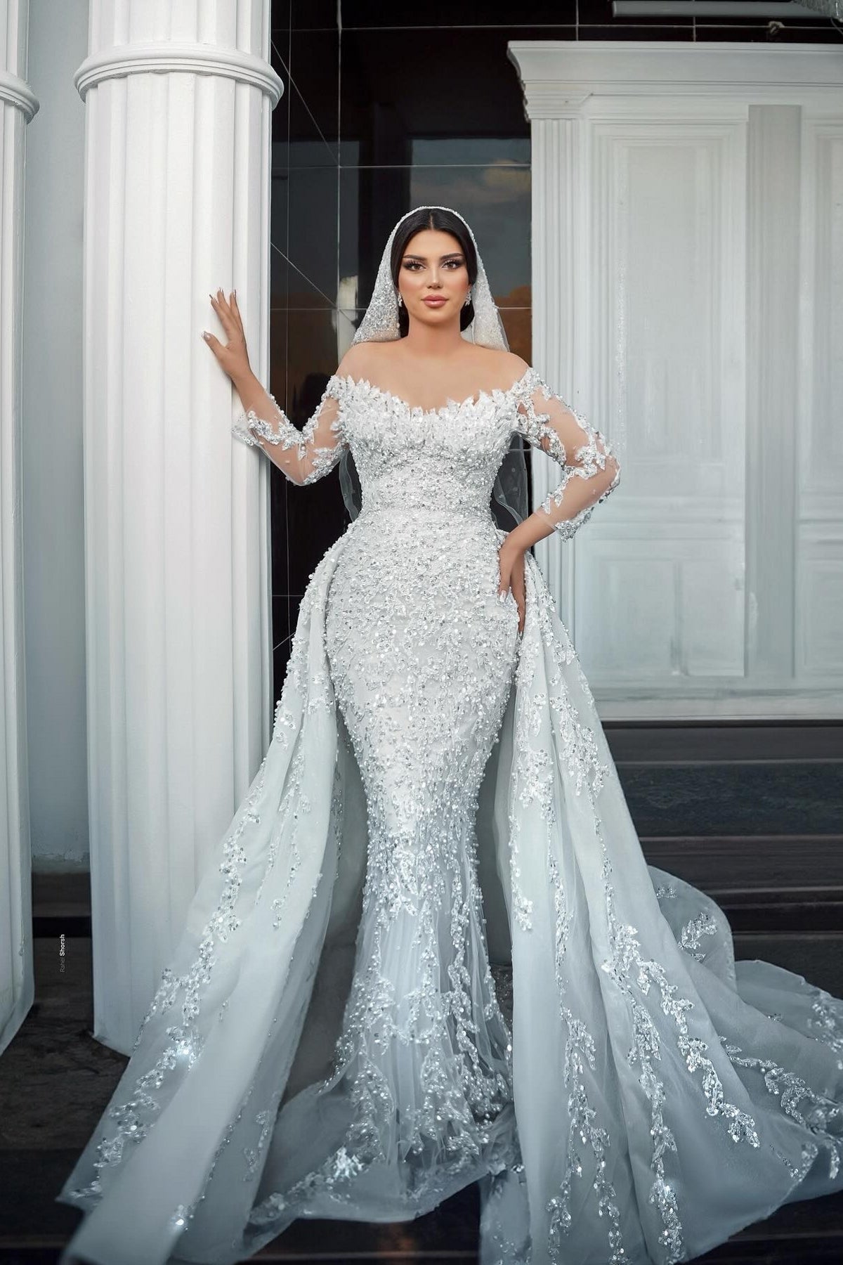 Dressystars White Wedding Dress Mermaid Off The Shoulder Beaded Sequined Detachable Panel Train Tulle Bridal Gown
