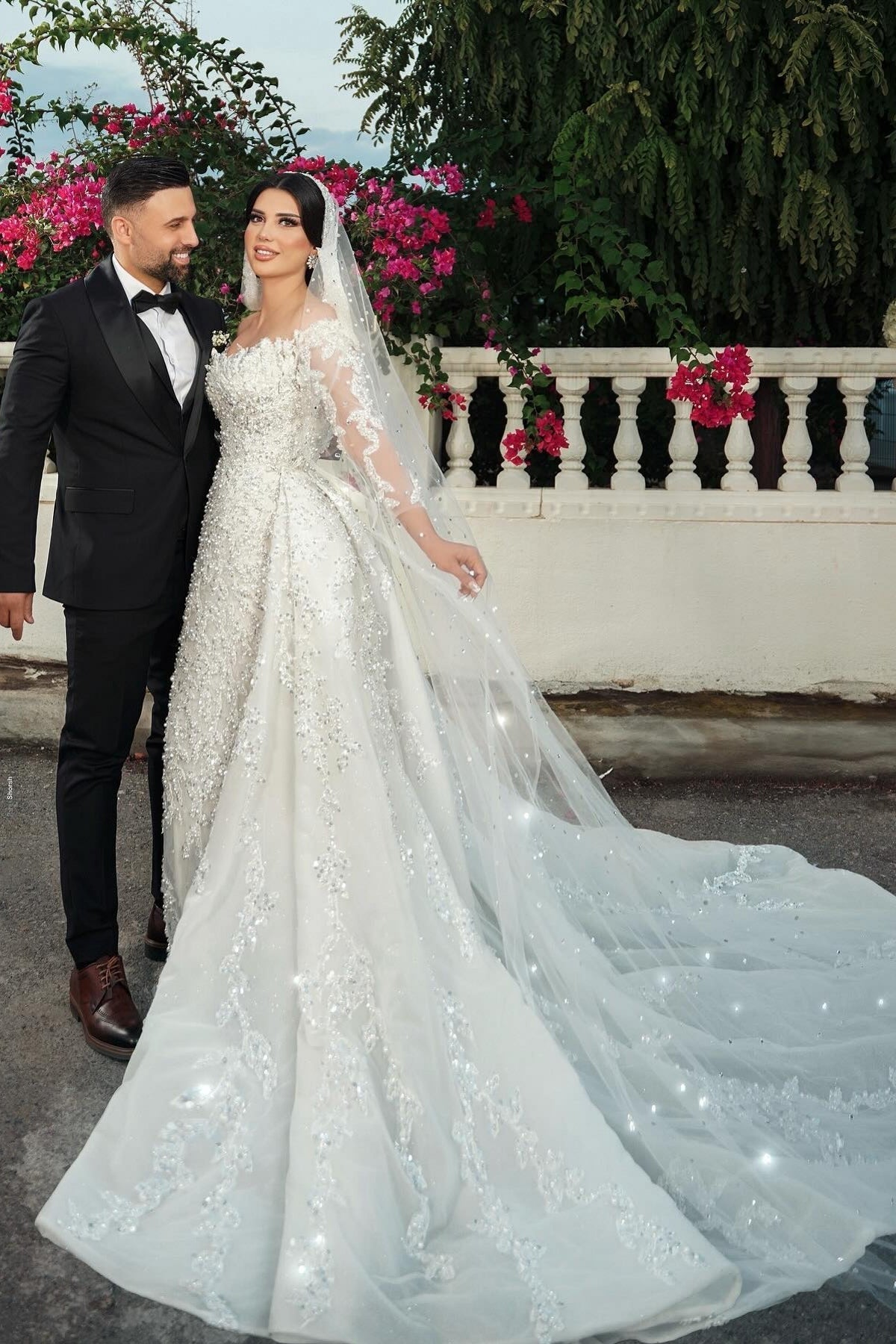 Dressystars White Wedding Dress Mermaid Off The Shoulder Beaded Sequined Detachable Panel Train Tulle Bridal Gown