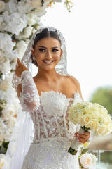 Dressystars White Wedding Dress Mermaid Off The Shoulder Lace Glitter Bridal Gown With Sleeves