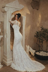 Dressystars White Wedding Dress Mermaid Portrait Sweetheart Sleeve Lace Bridal Gown