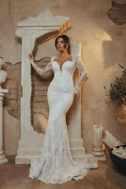 Dressystars White Wedding Dress Mermaid Portrait Sweetheart Sleeve Lace Bridal Gown