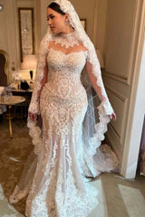 Dressystars White Wedding Dress Mermaid Sleeves High Neck Lace Cathedral Train Tulle Bridal Gown
