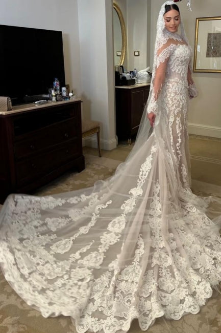 Dressystars White Wedding Dress Mermaid Sleeves High Neck Lace Cathedral Train Tulle Bridal Gown