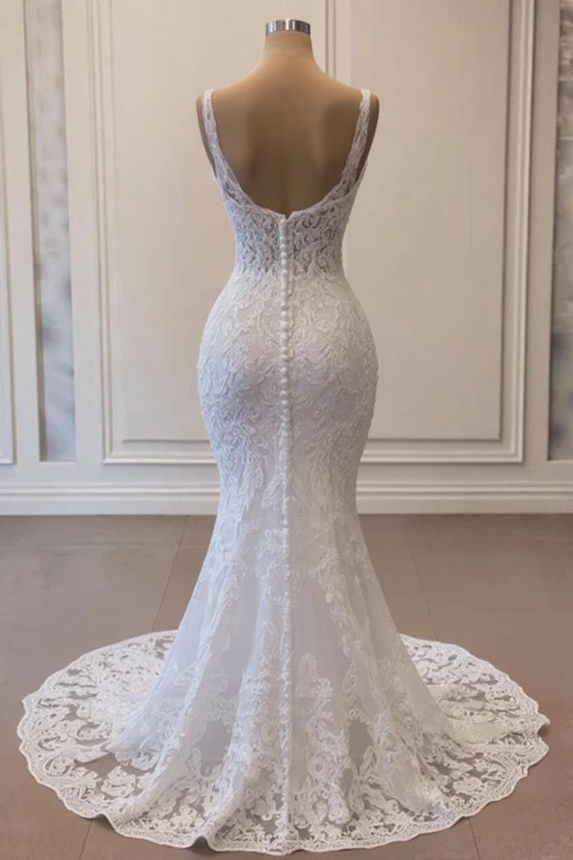 Dressystars White Wedding Dress Mermaid Spaghetti Strap V Neck Beaded Lace Sweep Train Tulle Bridal Gown