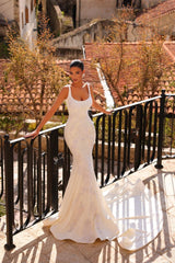 Dressystars White Wedding Dress Mermaid Spaghetti Straps Lace Beaded Satin Chapel Train Bridal Gown With Appliques