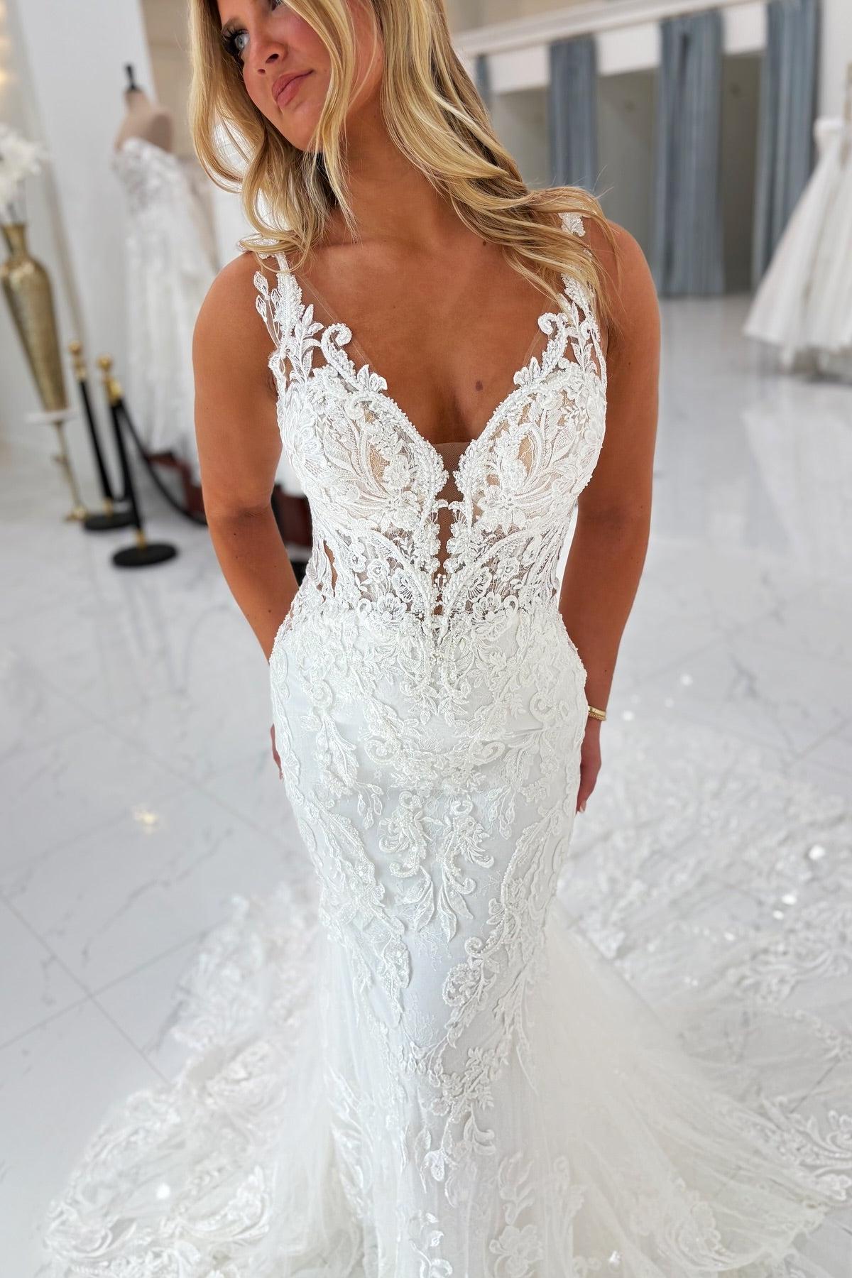 Dressystars White Wedding Dress Mermaid Spaghetti Straps V Neck Lace Beaded Tulle Bridal Gown With Appliques