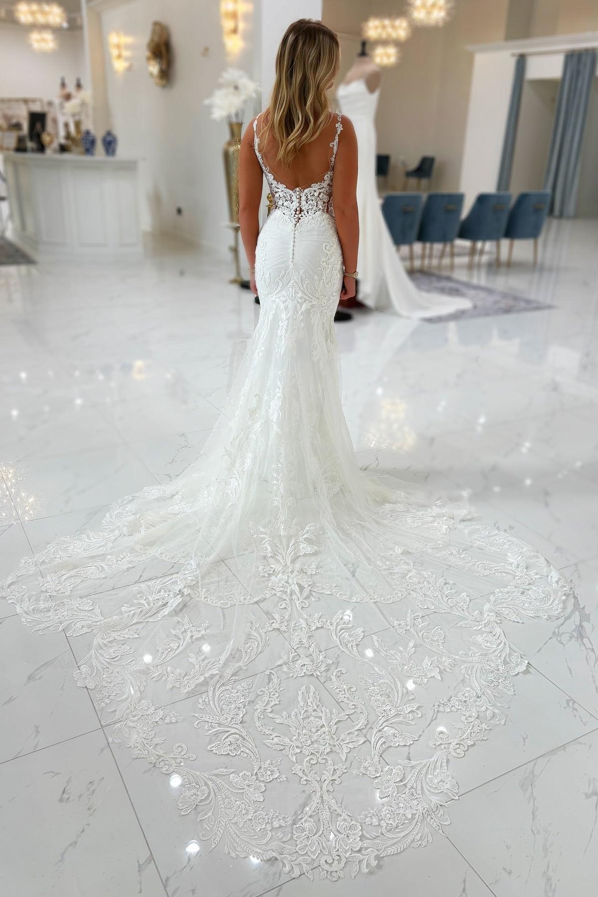 Dressystars White Wedding Dress Mermaid Spaghetti Straps V Neck Lace Beaded Tulle Bridal Gown With Appliques