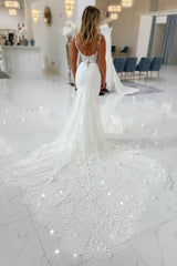 Dressystars White Wedding Dress Mermaid Spaghetti Straps V Neck Lace Beaded Tulle Bridal Gown With Appliques