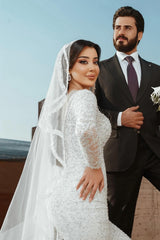 Dressystars White Wedding Dress Mermaid Square Sleeves Sequined Lace Sweep Train Tulle Bridal Gown