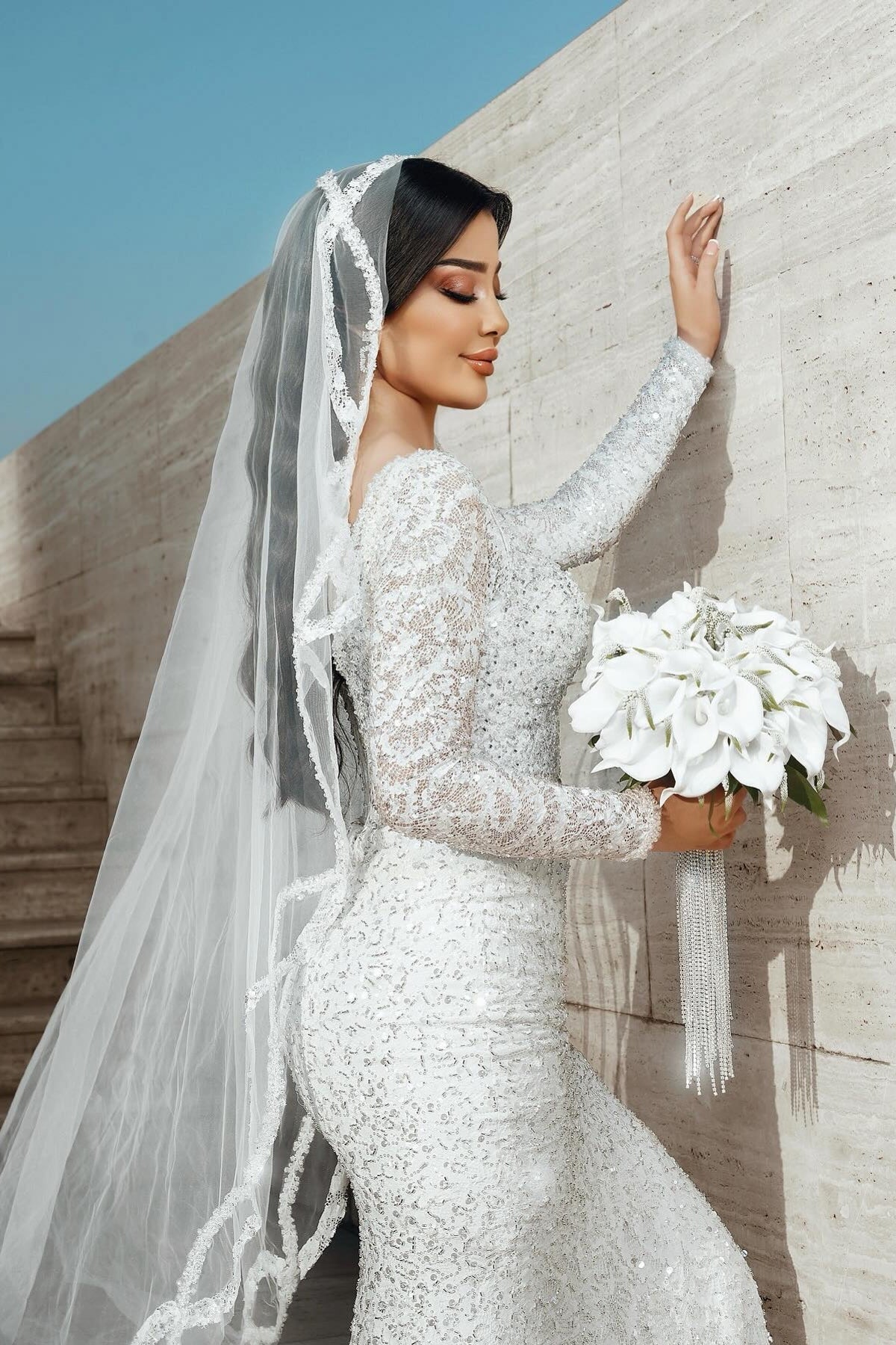 Dressystars White Wedding Dress Mermaid Square Sleeves Sequined Lace Sweep Train Tulle Bridal Gown